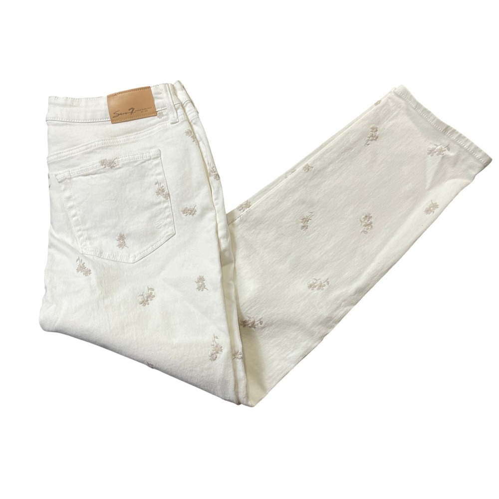 Seven 7 10 Cotton Blend‎ White Floral Embellished Denim Pants